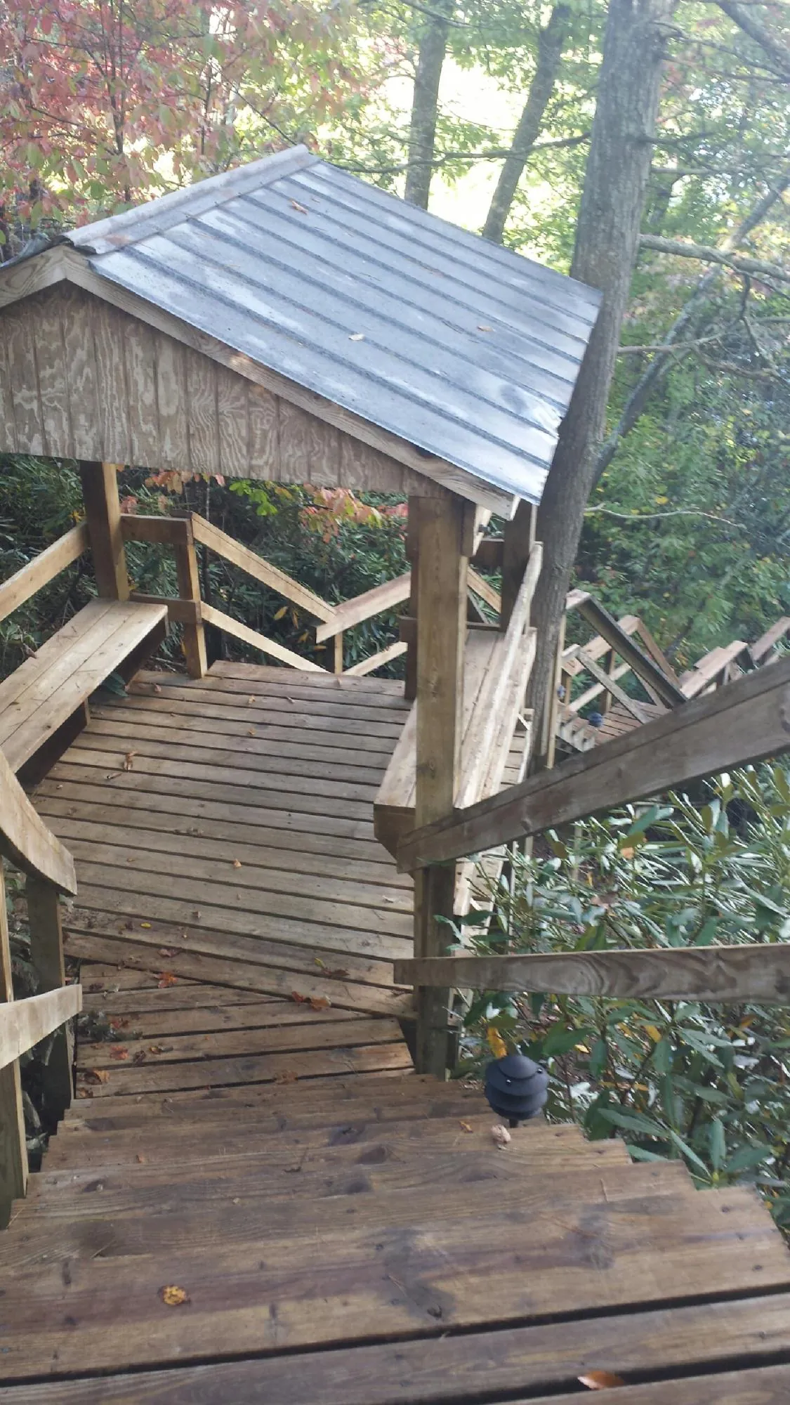Metal roofed shelter over wooden steps on a wooded walkway — Skylight Repair & Installation work by our crew in Thayer
